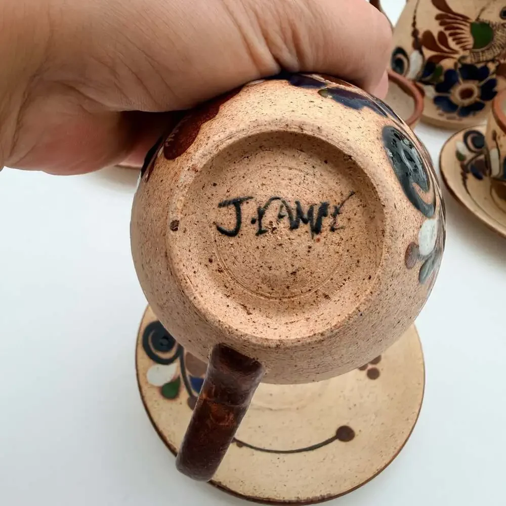 Tonala Pottery Tea Set Hand-Painted Bird Floral Mexican Folk Art